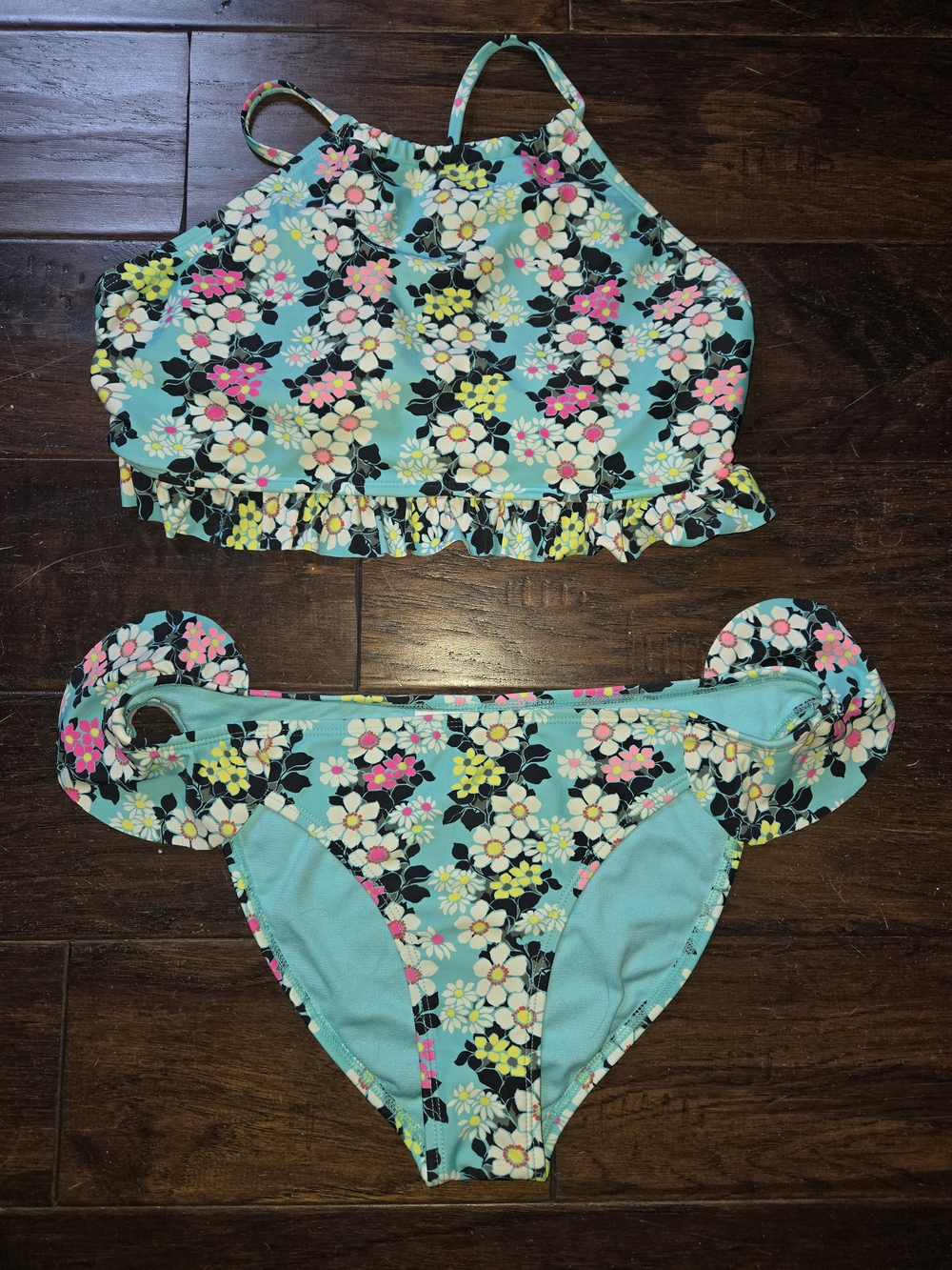California Waves Aqua Floral High-Neck Ruffle Two-Piece Women's Swim Set, sz L/M